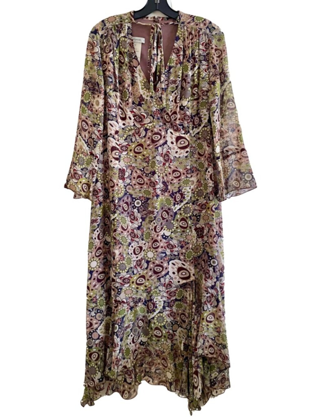 Rene Lezard Silk Midi Dress Flutter Hem Sleeves Tie Neck Floral 70s inspired Y2K